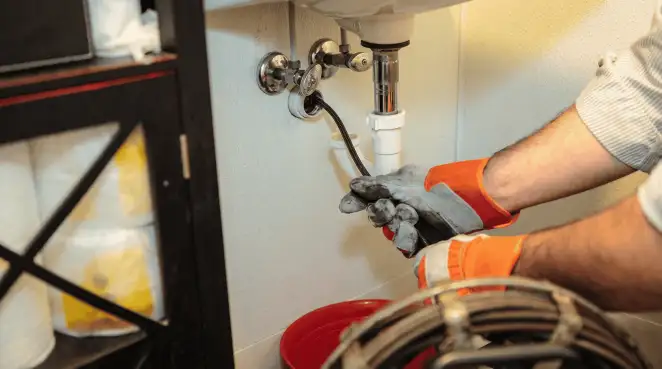 Drain cleaning technician using a motorized plumbing snake to clear a clogged sink pipe in Detroit, MI
